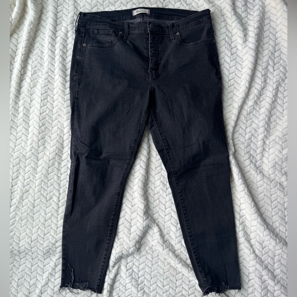 Madewell Denim - Madewell black button fly distressed hem jeans 9” mid rise skinny 32